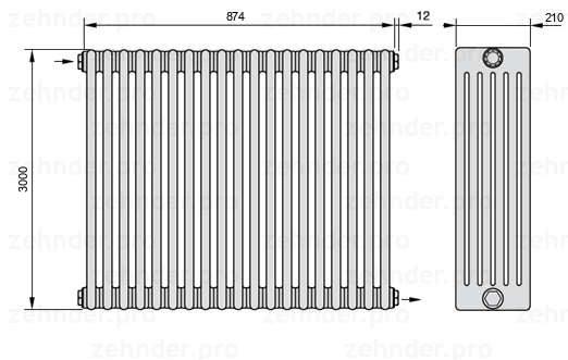 Схема (чертеж) Радиатор Zehnder Charleston 6300/19 №1670 Белый глянцевый RAL 9016